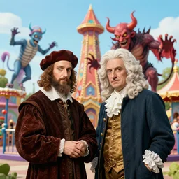a colorful portrait photograph of leonardo da vinci andisaac newton playing in a amusement park, with diabolical cursed creepy dolls, poppy playtime style, with crazy laughs and crazy eyes, taken by martin parr, saturated colour photo kodachrome