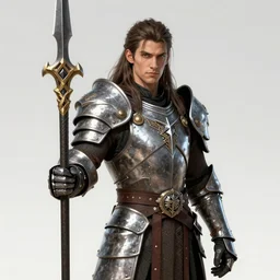 A realistic anime portrait of a young handsome male barbarian with long wild hair, intricate fantasy spear, plated armor, D&D, dungeons and dragons, tabletop role playing game, rpg, jrpg, digital painting, by Yoshitaka Amano and Ayami Kojima and Akihiko Yoshida and Yusuke Murata, digtial painting, trending on ArtStation, SFW version