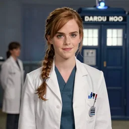 a beautiful still of emma watson as the doctor in the tv show dr who, tardis, 8 k, detailed image