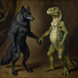 phantom holding hands with a werewolf and a lizard man. painting by gertrude abercrombie, jan van eyck