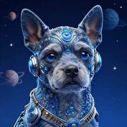 a beautiful portrait of a cute cyberpunk dog, blue space with stars and planets in the background by greg rutkowski and wlop, digital art, highly detailed, fine detail, intricate, ornate, complex