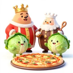 cabbage characters with pizza peel, royal walruss king wearing a crown, cooking pizza in a wood fired oven, highly detailed 3 d render, funny, pixar