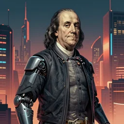cyberpunk benjamin franklin as the leader of a futuristic communist society, cybernetics, sharp lines, digital, artstation, colored in