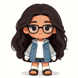 a very beautiful girl with # e 0 a 3 7 a skin color, long, puffy hair, stylistic oval black eyes, half - frame square glasses, grey hoodie opened, white t - shirt, white gloves, denim jacket, birkenstock sandals, cartoon style, character art, cute, digital art, trending on artstation