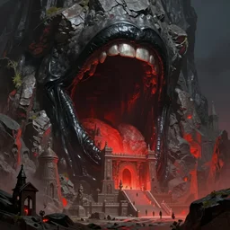 high fantasy 1 9 8 0's wargame airbrushed artwork - inspired octane render, a giant massive black latex open mouth set into a rocky cliff leading to a vast huge cavernous temple filled with strange red light