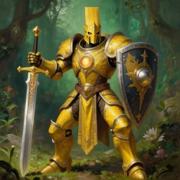 full body, attack position Victor Nizovtzev painting in lush fantasy environment of a ornate holy mechanical warforged with circular glowing eye, character in yellow armor holding a legendary paladin engraved holy great longsword and carrying a huge heavy paladin shield, vertically flat head, face in focus, epic , trending on ArtStation, masterpiece,  cinematic lighting