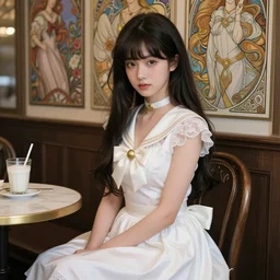 beautiful detailed sailor moon aesthetic, beautiful detailed fantasy, beautiful detailed intricate, beautiful detailed elegant, highly detailed, beautiful detailed digital painting, artstation, beautiful detailed concept art, matte, sharp focus, highly detailed illustration, a beautiful girl with long dark hair and bangs, wearing a white dress, sitting alone in a cafe,  highly detailed art by Artgerm and Greg Rutkowski and Alphonse Mucha