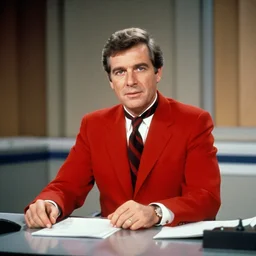 1985 Stewart Pankin as Bob Charles dressed in a red suit and necktie sitting at a news desk, videotape still from 1985