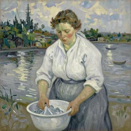 detailed expressionist!! oil painting portrait of a washerwoman in the river!! by van gogh, 8 k resolution, smooth, sharp focus, matte painting, color scheme of white and grey