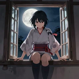 A ninja girl in a short peasant kimono, sneaking entering a building through open window, frontal shot, strong moonlight, digital anime art by WLOP
