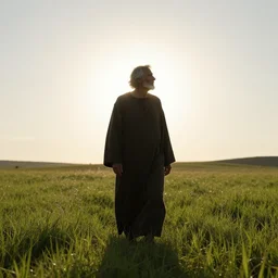 old prophet wandering about a meadow. mostly silhouetted. harsh sunlight. radiant glow. backlighting.
