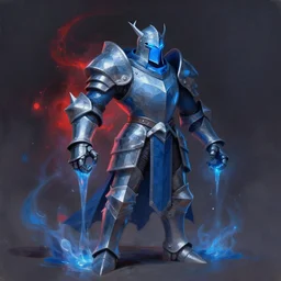 a very elegant full body oil painting of a polygonal blue slimey looking knight magical wizard made of metal, using magic, magic leaking out of there hands armor, smooth painting, medieval armor, wizard knight fusion, concept art, detailed anime, spiky armor, the red glows coming from the left, paint smears, digital art, character design, d & d