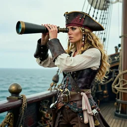 a fierce, blonde, well - dressed, covered, armed, pirate woman, standing on the deck of her ship gazing at the horizon through a spyglass ready for battle, realistic, 8 k, trending on artstation