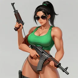 a sketch art of a beautiful curvy anime girl with an athletic feminine body in a green tank top and aviator classic sunglasses holding an assault rifle by krenz cushart, ponytail, front shot, concept art, oc commission, tanned body, power pose, illustration