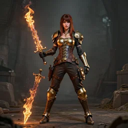 full shot photo of a steampunk female warrior with flaming sword