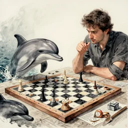 ink wash painting of dolphin playing chess, riddles and enigmas, decoding, amateur detective mystery, brain teasers, cryptic crosswords, scape room, logic games - by jama jurabaev, artstation, cinematic shot