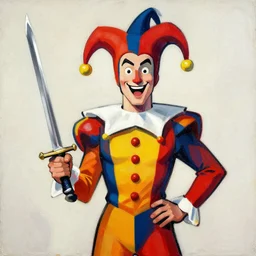 greg manchess portrait of a man in a jester outfit with a sword, sunny day, matte painting, bold shapes, hard edges, street art, trending on artstation, by huang guangjian, gil elvgren, ruan jia, randy vargas, greg rutkowski
