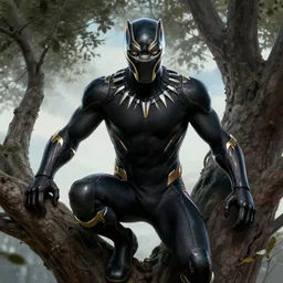 Black Panther in a tree looking directly at you, octane render, concept art, smooth, sharp focus, illustration, from Marvel Studios, by Ruan Jia and Mandy Jurgens and William-Adolphe Bouguereau, Artgerm