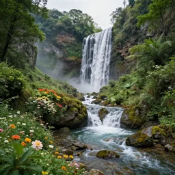 in a valley with waterfalls and flowers, highly detailed, 4k, HDR, award-winning, octane render, artstation