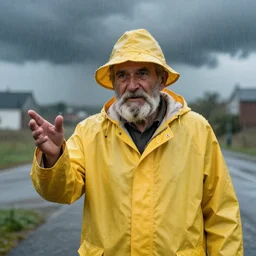 an old man with a beard in an old fashioned yellow rain coat and rain hat. he's telling everyone'there's a storm coming'as a storm is coming in the background. it's already raining. 4 k. portrait. 3 5 mm. nikon.