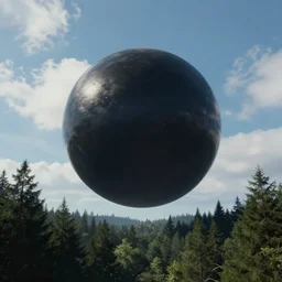 digital sci-fi painting of a gigantic black sphere floating over the forest, concept art, beautiful lighting, blue sky with clouds, 4k trending on artstation