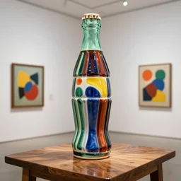 beautiful gallery show studio photograph of a giant ceramic sculpture of a cola bottle, glazed by bridget riley and victor vasarely, placed on a polished wooden table, hyperrealism 8 k trending on artstation