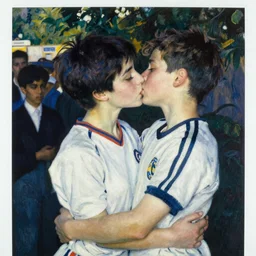 lit with a bright flash that gives the young subjects the appearance of having been the unsuspecting subjects of late - night polaroid snapshots, a young japanese couple with sport team jerseys on, in a natural kiss embrace, by edouard manet, ashley wood, yoji shinkawa, jamie hewlett, 6 0's french movie poster, french impressionism, vivid colors, palette knife and wide brush strokes