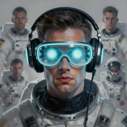 neon cyberpunk artist with glowing geordi cyclops visor over eyes and sleek headphones headshot desaturated portrait painting by donato giancola, dean cornwall, rhads, tom whalen, alex grey astronaut fashion photography