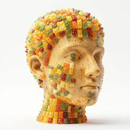 a giant human head sculpture made out of thousands of small gummy bears placed on the surface of the ocean, in the style of chad knight, long shot, hyper detailed, hyper realistic, ray tracing, 8 k resolution, sharp focus, realistic water, award winning