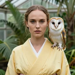 Award winning head to shoulder portrait photograph of an elegant top model that looks like natalie portman wearing a yellow kimono with a very detailed barn owl on her shoulder!!! in a tropical greenhouse. looking at the camera!!. super resolution. Extremely detailed. art by Rineke Dijkstra.