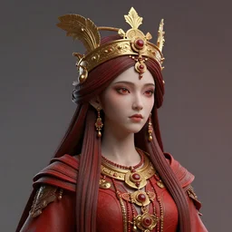 beautiful detailed 3 d matte painting of female empress of dark and light, indigenous, tribal, mononoke, wearing a golden crown, with pale red, by karol bak