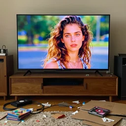 home photography portrait, A tv in living room, tv show, dvd package , cable, cardboards ; mess, dirty, summer, Color VHS picture quality with mixed noise