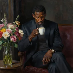 denzel washington enjoying coffee sad and alone in a dark room, near a bunch of flowers. pixiv, masterpiece, wlop, oil painting, ranked on artstation