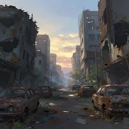 the street of a post - apocalyptic destroyed ruined rusted city at dawn, cars, a fantasy digital painting by makoto shinkai, trending on artstation, highly detailed