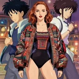 a beautiful! boyish! natalie portman alluring gravure! model, wearing hip hop mayan bomber jacket and leotard with native style overalls, bulky poofy bomber jacket with mayan patterns, guilty gear art style, gapmoe yandere grimdark, trending on pixiv, painted by makoto shinkai takashi takeuchi studio ghibli, akihiko yoshida