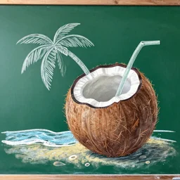 concept art, waving coconut on the beach, whisper of the whispering king of adventure, chalk on green board