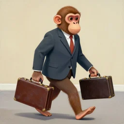 a monkey wearing a suit and holding a briefcase on his way to work, painted by michael sowa