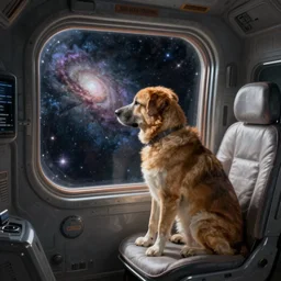 dog, sitting sad in spaceship, gazing at view of galaxy in space through a window, by jim burns, peter andrew jones, michael hutter, sharp digital painting. dreaming latent space. matte painting, concept art. artstation. digital render.