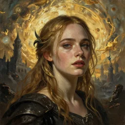 Elle Fanning in the painted world of Dark Souls, head and shoulders masterpiece, apocalypse, golden hour, cosmic horror, artstation, in the style of Andrew Wyeth and Edwin Blashfield and Bosch, extremely detailed