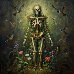 'Life from death' A beautiful detailed aesthetic horror full body painting depicting 'A skeleton with plants and flowers growing all over it, birds and bees flying all around it' by Odilon Redon and giuseppe arcimboldo, Trending on cgsociety artstation, 8k, masterpiece, cinematic lighting.