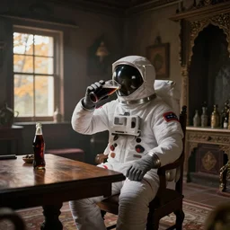 a cosmonaut in a spacesuit drinking coke, on a wooden table inside a richly decorated indian house. the autumn light comes in through a window and dimly illuminates the room, diffuse light, octane render, 4 k, matte painting