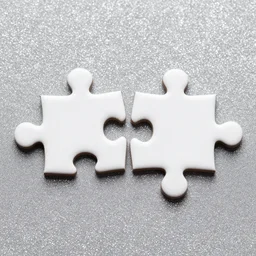 Two interlocking puzzle pieces separated by one inch on a glittery surface, hi-res photo
