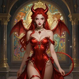 hyper detailed ultra sharp of a beautiful devil girl. trending on artstation, dungeon, colorful, ornate, intricate, digital painting, concept art, smooth, sharp focus, illustration, art by artgerm and greg rutkowski and alphonse mucha, 8 k