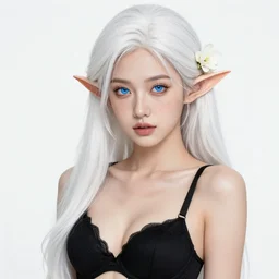 a beautiful portrait, white background, gorgeous fantasy elf. sexy black bra, flower in the hair, professionally retouched, soft lighting, freckles, realistic, smooth face, detailed gorgeous blue eyes, long white hair, cute ears, wide angle, sharp focus on the eyes, 8 k high definition, insanely detailed, intricate, elegant, sexy, beautiful, art by artgerm and wlop