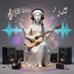 3 d goddess of music and 🔊 wide angle portrait with musical notes, headphones, subwoofers, and speakers. music, wave frequencies, cymatics. auditory symbiogenesis, synaesthesia, polyphonic communication, sonic projection, artwork by tooth wu and android jones wlop and android jones and beeple and greg rutkowski