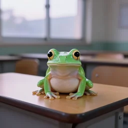 Cute glass frog on a student's table in front of a window. Evening, soft light. 8k. High detail. Calm