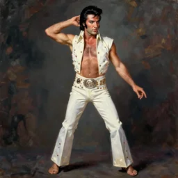 elvis presley beefcake style full body portrait by rembrandt, beefcake pose, elegant, oil painting, trends on artstation, classical art