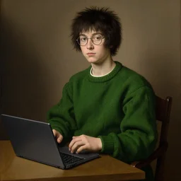 portrait of a shaggy black haired teenager with glasses dark green colored sweater with a laptop, full body, renaissance painting, ultra detailed, high resolution, masterpiece