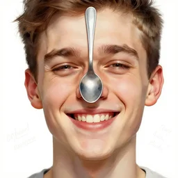 portrait of a finnish young man with a spoon on top of his nose, big grin mouth barely closed, wrinkled eyes, big lips, sharp portruding chin, short youthful hair, white background with notes, youthful colours, thin sharp lines, digital painting, artstation, matte, sharp focus, illustration, art by artgerm and greg rutkowski and alphonse mucha