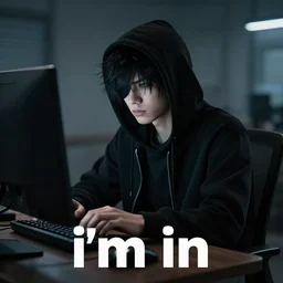 an edgy hacker with a black hoodie and black hair covering one eye sitting in front of a computer | text at the bottom saying i'm in